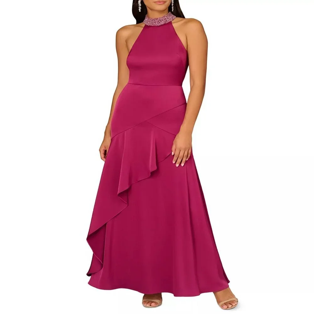 450$ Aidan Mattox Asymmetric Halter Maxi Gown Dress Women's Size 18 Dark Pink